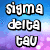 Pixelated text 'sigma delta tau' in white with black outlines on a blue-to-purple gradient background.