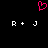 A black background displays a pink pixelated heart above two identical white pixelated text strings 'R + J' on either side.