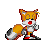 Pixel art fox character with orange fur, white chest and face markings, red nose, and gray-and-white tail in four sequential poses showing tail movement.