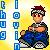 Pixelated character with brown hair and glasses sits in blue chair against yellow gradient background, surrounded by vertical blue square icons.