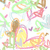 A colorful, pixelated pattern of overlapping abstract shapes and figures in pastel hues including yellow, pink, green, brown, orange, purple, blue, and gray on a white background.