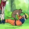 Animated scene of a character in orange pants and blue shirt lying on grass with a brown cat on their chest, another character standing nearby.