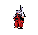 Pixel art character in red outfit with silver hair and sword, shown in three poses against gray background.