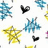 Pixelated static image featuring multiple distinct shapes including blue star-like forms, black heart outlines, and a yellow star with brown accents on white background.