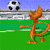 Animated orange cat-like character on green field with soccer ball, performing kicking motion
