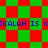Pixelated green and red checkered background with blue text repeating 'EKALAH IS EKALAH IS' across two horizontal bands.