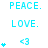 cyan text and symbols on white background with animated heart and <3 icon changes across frames