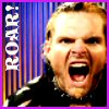 A static image shows a person with light hair shouting, set against a striped background with vertical blue and purple lines and a purple border.