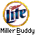Pixelated circular icon with golden ring enclosing blue text 'Life' and a red figure, below which black text reads 'Miller Buddy'.