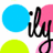 A static icon with blue, pink, and green circles surrounding black cursive text 'ily' on a white background.