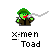 Pixel art character with green skin and hat, brown coat, red mouth, holding red object; text below reads 'x-men - Toad' on gray background.