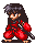 Pixel art character in red outfit with black hair and sword, shown across four poses on gray background.