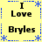 Yellow background with blue dashed borders and star motifs, displaying repeated text "I Love Bryles" in black pixelated font across four quadrants.