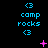 Pixelated blue text 'camp rocks' with '<3' symbols above and below, surrounded by pink and purple animated sparkles on black background