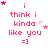 Pixelated pink text and stars on white background with repeated 'i think i kinda like you =]' phrase, animated star positions across frames.