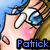 Pixelated anime-style character with blue hair and white gloves, pink cheeks, holding a blue object near their face.