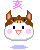 Pixelated cartoon cow head with brown hair, white face, pink cheeks, blue eyes, and a red mouth; two versions show different cloud and text placements.