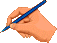 Two pixelated hands holding blue pens against a gray background, each hand in a writing pose with fingers curled around the pen.