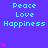 Pixelated blue background with cyan text reading Peace Love Happiness and pink heart symbols in a pattern