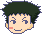 Pixelated anime-style head with dark green spiky hair, light skin, and a small red cheek mark across five expressions.