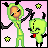 Pixel art contact sheet showing two frames of an animated buddy icon with green alien characters and text on a pink background.
