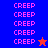 Pixelated text 'CREEP' repeated in on blue, purple, and red backgrounds with two star icons