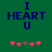 Green background displays 'I HEART U' text with pink and brown heart icons below, showing animation changes in heart count and color.