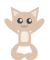 Pixelated beige cat with pink inner ears, large black eyes, and a small mouth in two poses: arms raised left pose has rounded legs; right pose shows straight legs.
