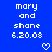 Blue background displays repeated text 'mary and shane 6.20.08' with pixelated heart and arrow symbols changing across frames.