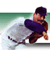 Baseball player in white uniform with purple accents, shown in three sequential poses: pitching, batting stance, and crouched catcher position.