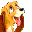 Pixelated cartoon dog with brown and orange fur, black nose, white chest, pink tongue, and dark eyes looking upward.