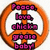 Circular orange border encloses white background with vertical pink text reading 'Pooch Love chicks groovy baby' in pixelated font.