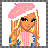 Pixel art buddy icon featuring a cartoon character with long blonde hair wearing a pink beret and striped top, alongside text elements on a gray background.