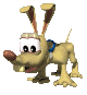 Animated 3D dog character with tan fur, brown nose, blue collar, and large ears in three distinct poses showing head movement.