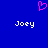Blue background with pink pixelated heart above two white 'Joey' text labels in pixel font.
