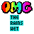 nine identical pixel art icons featuring 'OMG' text in rainbow colors above 'THE RAINS HET' on cyan blocks, with each icon's lettering color scheme differing across the set
