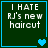 Four identical dark green square with cyan borders display white pixelated text reading "I HATE RJ's new haircut" and varying cyan heart symbols