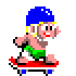 Pixelated character with blue helmet, green shorts, and red mouth on red platform; two poses show different arm positions.