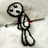 A pixelated black-and-white stick figure with a red dot on its chest, holding a long thin object horizontally.