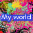 A four-quadrant pixelated image with text overlays reading 'My world is a very colorful place' over abstract backgrounds.