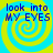 Four identical display blue text 'look into MY EYES' over a yellow and cyan spiral background