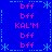 Blue background with pink and cyan pixelated text and symbols arranged in a pattern, featuring repeated 'bff' and 'KAL'M' text elements and star-like shapes