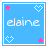 Blue square icon with white border displaying 'elaine' text and pink/white heart symbols at corners.
