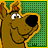 Pixelated cartoon dog head with brown fur, black nose, white eyes, and orange collar on green dotted background; text varies above or below the head.