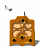 Animated brown radio with beige speaker grilles, black knobs, and yellow accents; musical notes float around it in a sequence of motion frames.