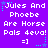 Purple background with white pixelated text reading "Jules And Phoebe Are Horse Pals 4eva! =]" and cyan star decorations, repeated in a pattern