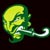 Pixelated green and yellow icon of a stylized skull with curved horns, set against dark background.