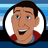 Pixelated cartoon head with brown hair, red and blue clothing, and a white circular border on blue background.