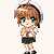 Pixelated anime-style character with brown hair and green eyes in a white hooded top and black skirt, shown in multiple poses with arms crossed or clasped.