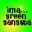 Green background with yellow gradient center, black pixelated text reading 'ima... green gangsta' in four quadrants.
